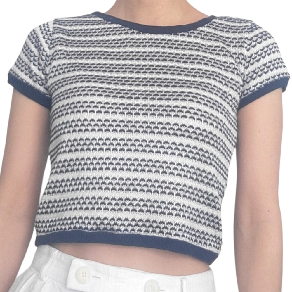 Navy Blue And White Striped Knit T shirt Short sleeve Top Size S